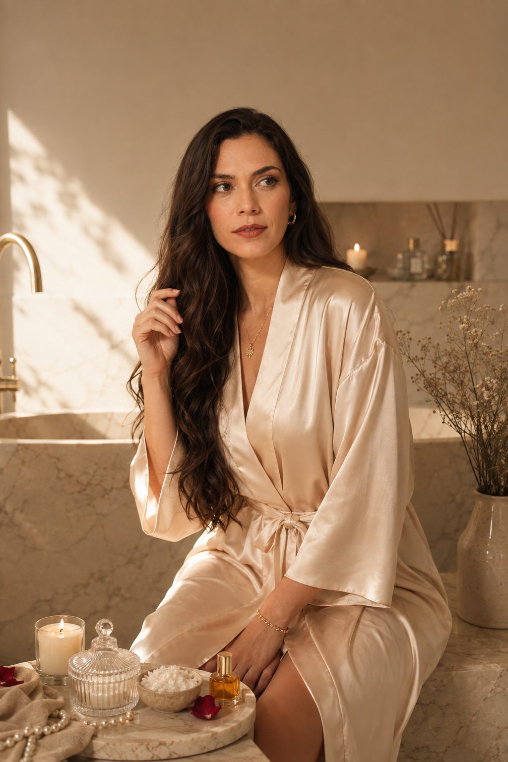 Elisa Sevilla en un ritual de baño, con un kimono de seda